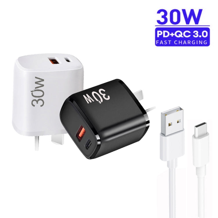 PD30W USB-C / Type-C + QC3.0 USB Charger with 1m USB to Type-C Data Cable, AU Plug(Black) - USB Charger by buy2fix | Online Shopping UK | buy2fix