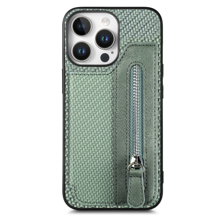 For iPhone 16 Pro Carbon Fiber Horizontal Flip Zipper Wallet Phone Case(Green) - iPhone 16 Pro Cases by buy2fix | Online Shopping UK | buy2fix