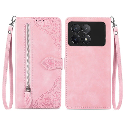 For Xiaomi Redmi K70 Embossed Flower Zipper Leather Phone Case(Pink) - K70 Cases by buy2fix | Online Shopping UK | buy2fix