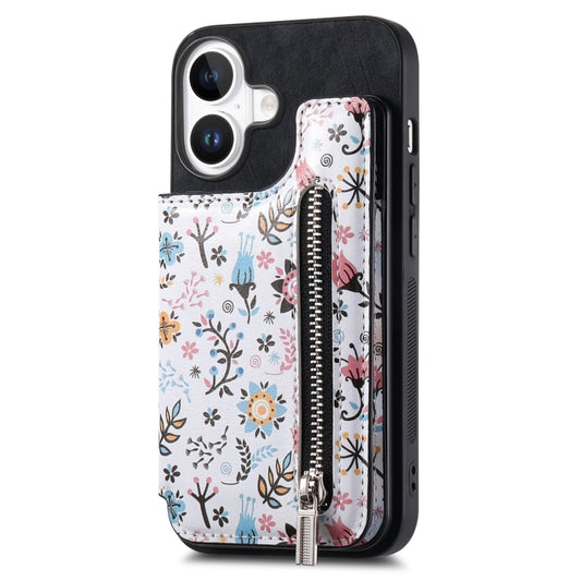 For iPhone 16 Plus Retro Painted Zipper Wallet Back Phone Case(Black) - iPhone 16 Plus Cases by buy2fix | Online Shopping UK | buy2fix