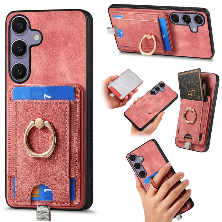 For Samsung Galaxy S25 5G Retro Splitable Magnetic Card Bag Leather Phone Case(Pink) - Galaxy Phone Cases by buy2fix | Online Shopping UK | buy2fix