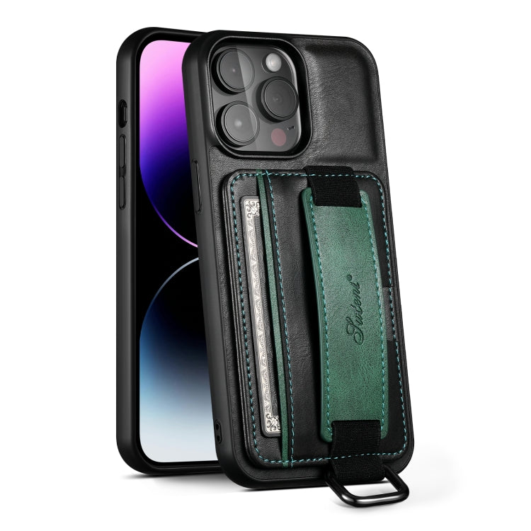 For iPhone 16 Pro Suteni H13 Card Wallet Wrist Strap Holder PU Phone Case(Black) - iPhone 16 Pro Cases by Suteni | Online Shopping UK | buy2fix