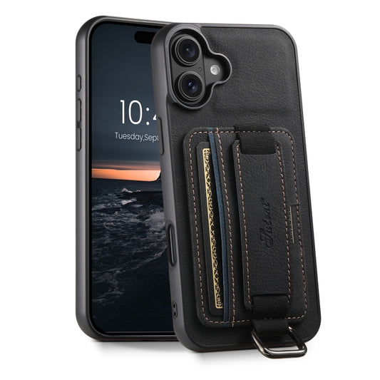 For iPhone 16 Plus Suteni H13 Litchi Leather Wrist Strap Wallet Back Phone Case(Black) - iPhone 16 Plus Cases by Suteni | Online Shopping UK | buy2fix