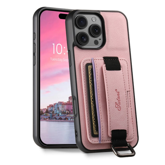 For iPhone 16 Pro Suteni H13 Litchi Leather Wrist Strap Wallet Back Phone Case(Pink) - iPhone 16 Pro Cases by Suteni | Online Shopping UK | buy2fix