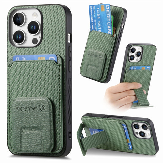 For iPhone 16 Pro Max Carbon Fiber Card Bag Fold Stand Phone Case(Green) - iPhone 16 Pro Max Cases by buy2fix | Online Shopping UK | buy2fix