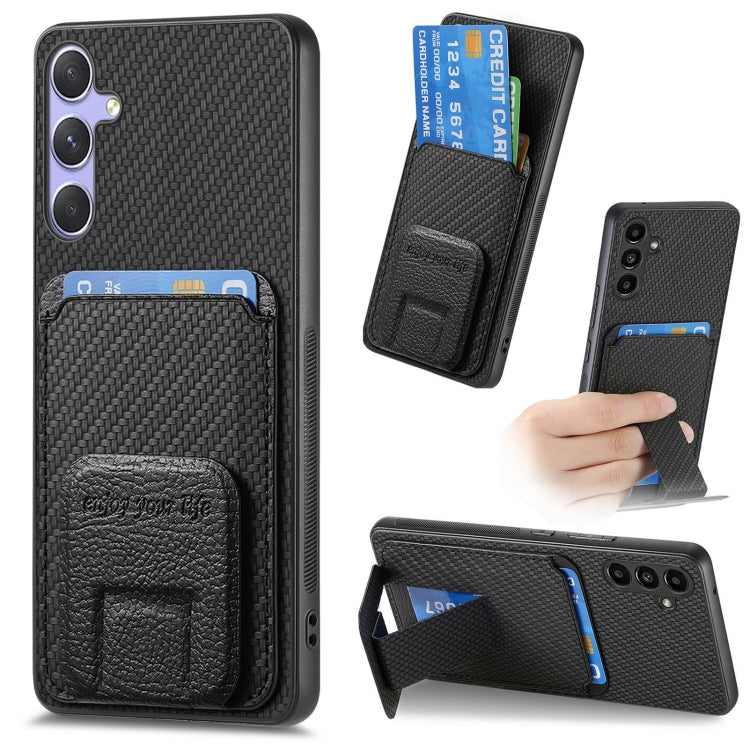 For Samsung Galaxy S25+ 5G Carbon Fiber Card Bag Fold Stand Phone Case(Black) - Galaxy S25+ 5G Cases by buy2fix | Online Shopping UK | buy2fix