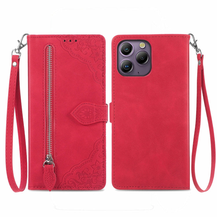 For Blackview A96 Embossed Flower Zipper Leather Phone Case(Red) - More Brand by buy2fix | Online Shopping UK | buy2fix