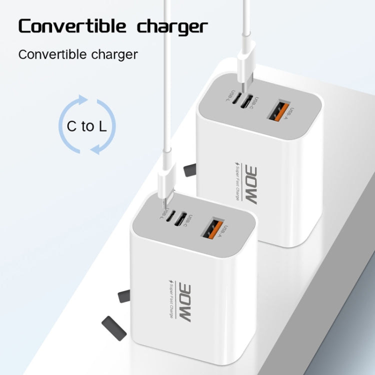 PD30W USB-C / Type-C + 8 Pin + USB Charger with Type-C to 8 Pin Date Cable(UK Plug) - USB Charger by buy2fix | Online Shopping UK | buy2fix