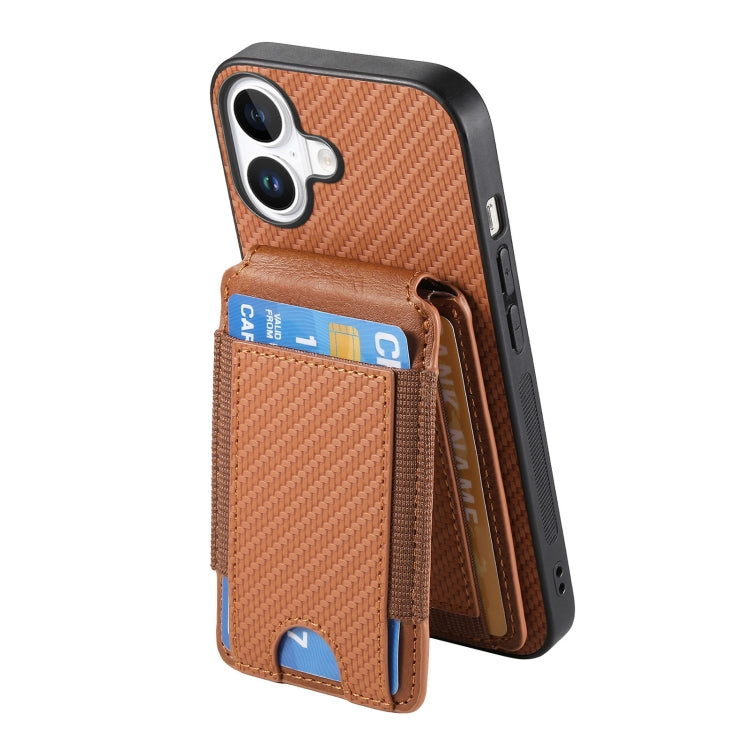 For iPhone 16 Carbon Fiber Vertical Flip Wallet Stand Phone Case(Brown) - iPhone 16 Cases by buy2fix | Online Shopping UK | buy2fix