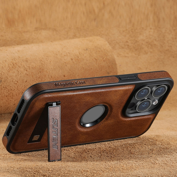 For iPhone 13 Pro Suteni G2 Magsafe Oil Wax Leather Back Phone Case with Holder(Brown) - iPhone 13 Pro Cases by Suteni | Online Shopping UK | buy2fix