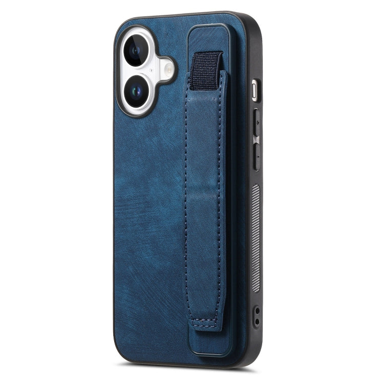 For iPhone 16 Retro Wristband Holder Leather Back Phone Case(Blue) - iPhone 16 Cases by buy2fix | Online Shopping UK | buy2fix