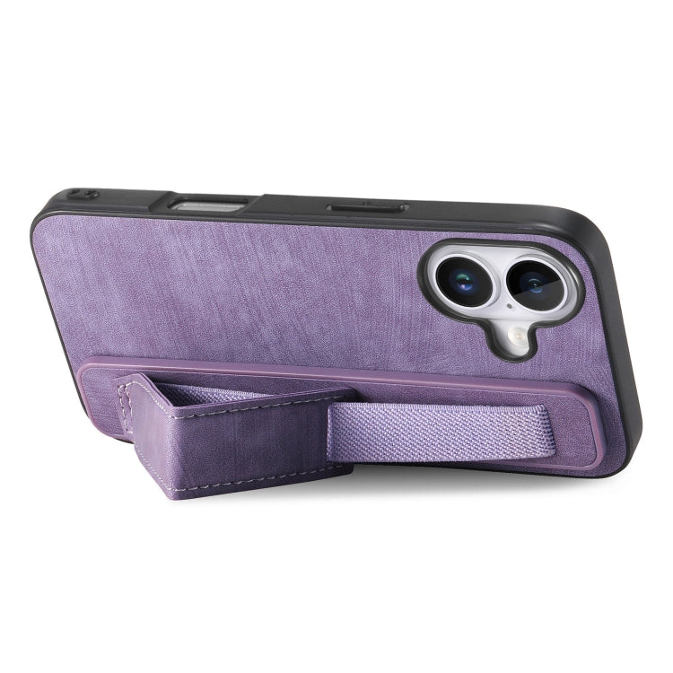 For iPhone 16 Retro Wristband Holder Leather Back Phone Case(Purple) - iPhone 16 Cases by buy2fix | Online Shopping UK | buy2fix