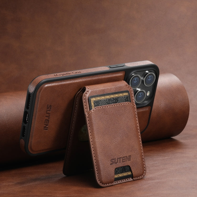 For iPhone 15 Pro Suteni M2 Oil Wax MagSafe Horizontal Card Bag Phone Case(Brown) - iPhone 15 Pro Cases by Suteni | Online Shopping UK | buy2fix
