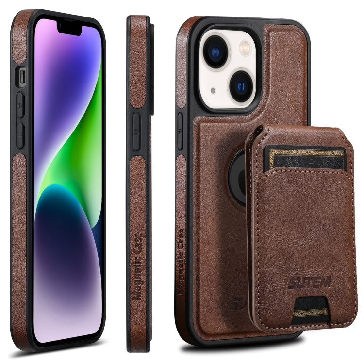 For iPhone 14 Plus Suteni M2 Oil Wax MagSafe Horizontal Card Bag Phone Case(Brown) - iPhone 14 Plus Cases by Suteni | Online Shopping UK | buy2fix