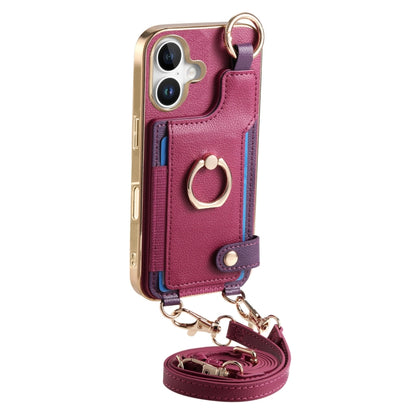 For iPhone 16 Fashion Ring Card Bag Phone Case with Hang Loop(Purple) - iPhone 16 Cases by buy2fix | Online Shopping UK | buy2fix