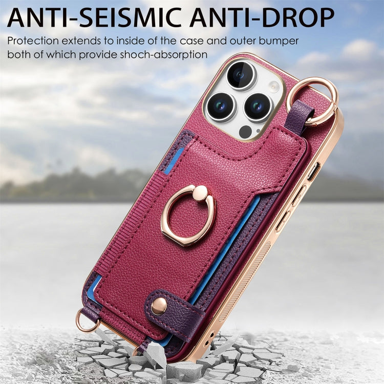 For iPhone 16 Pro Fashion Ring Card Bag Phone Case with Hang Loop(Purple) - iPhone 16 Pro Cases by buy2fix | Online Shopping UK | buy2fix