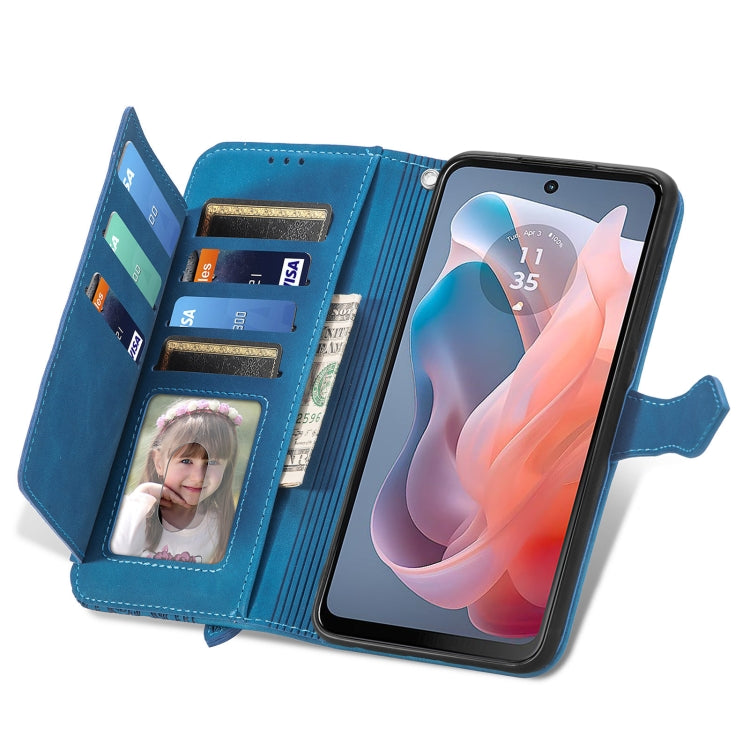 For Motorola Moto G Play 2024 Embossed Flower Zipper Leather Phone Case(Blue) - Motorola Cases by buy2fix | Online Shopping UK | buy2fix