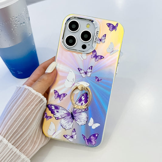 For iPhone 16 Pro Max Electroplating Laser Butterfly Ring Holder Phone Case(White Purple Butterflies AB6) - iPhone 16 Pro Max Cases by buy2fix | Online Shopping UK | buy2fix