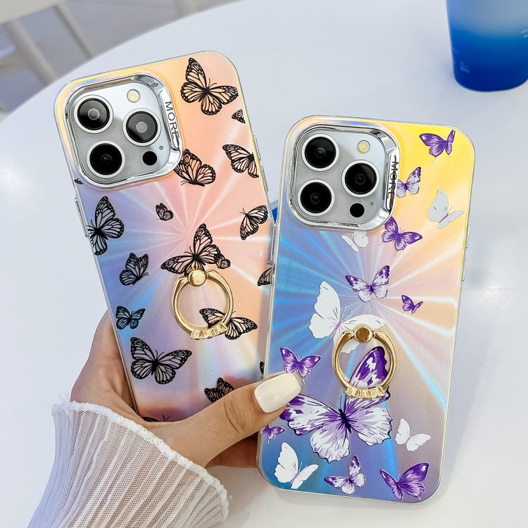 For iPhone 16 Electroplating Laser Butterfly Ring Holder Phone Case(Purple Butterflies AB3) - iPhone 16 Cases by buy2fix | Online Shopping UK | buy2fix