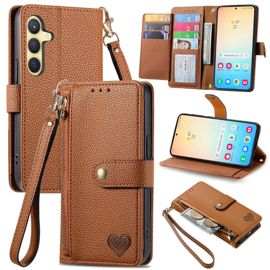 For Samsung Galaxy S25 5G Love Zipper Lanyard Leather Phone Case(Brown) - Galaxy S25 5G Cases by buy2fix | Online Shopping UK | buy2fix