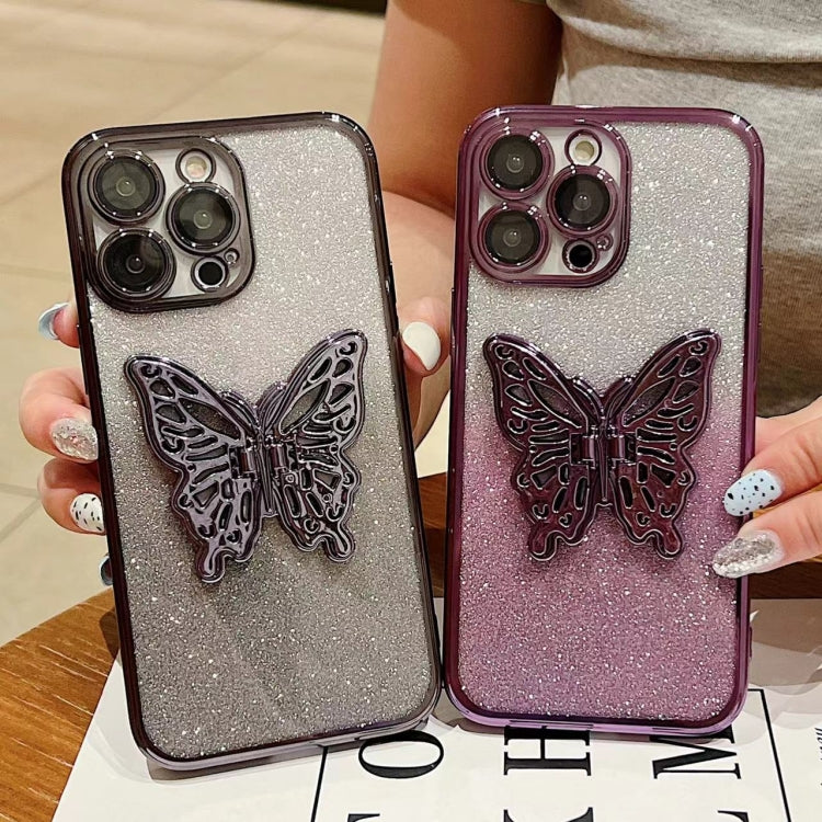 For iPhone 16 Pro Electroplated Gradient Glitter 3D Butterfly TPU Phone Case(Gradient Silver) - iPhone 16 Pro Cases by buy2fix | Online Shopping UK | buy2fix