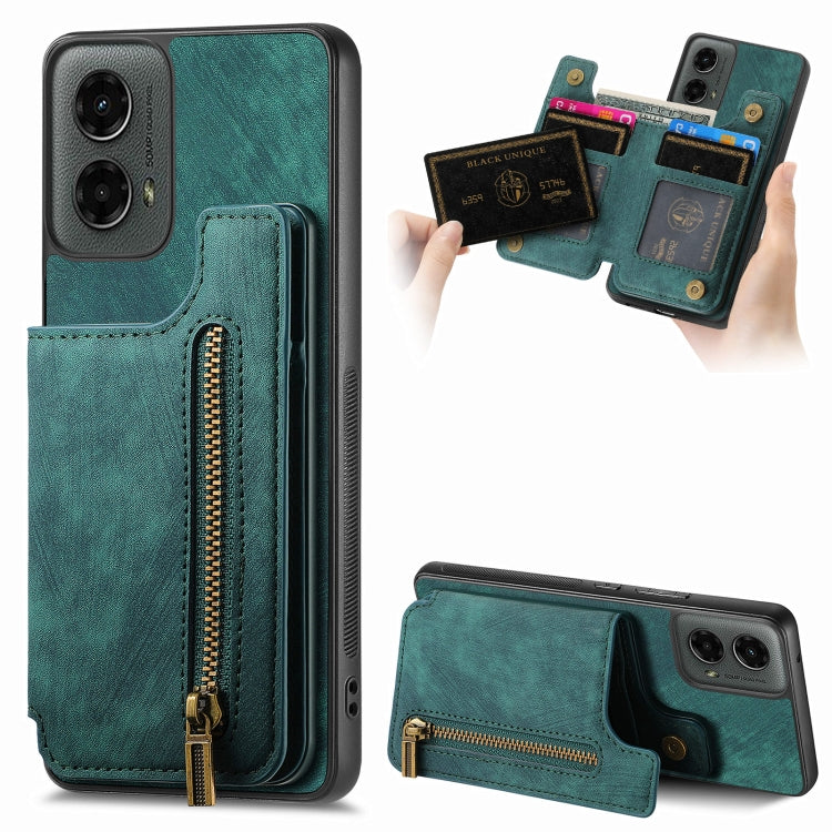 For Motorola Moto G 2024 Retro Leather Zipper Wallet Back Phone Case(Green) - Motorola Cases by buy2fix | Online Shopping UK | buy2fix