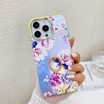 For iPhone 16 Pro Max Electroplating Laser Flower Ring Holder TPU Phone Case(Peony AH11) - iPhone 16 Pro Max Cases by buy2fix | Online Shopping UK | buy2fix