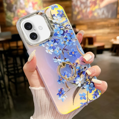 For iPhone 16 Electroplating Laser Flower Ring Holder TPU Phone Case(Myosotis AH2) - iPhone 16 Cases by buy2fix | Online Shopping UK | buy2fix