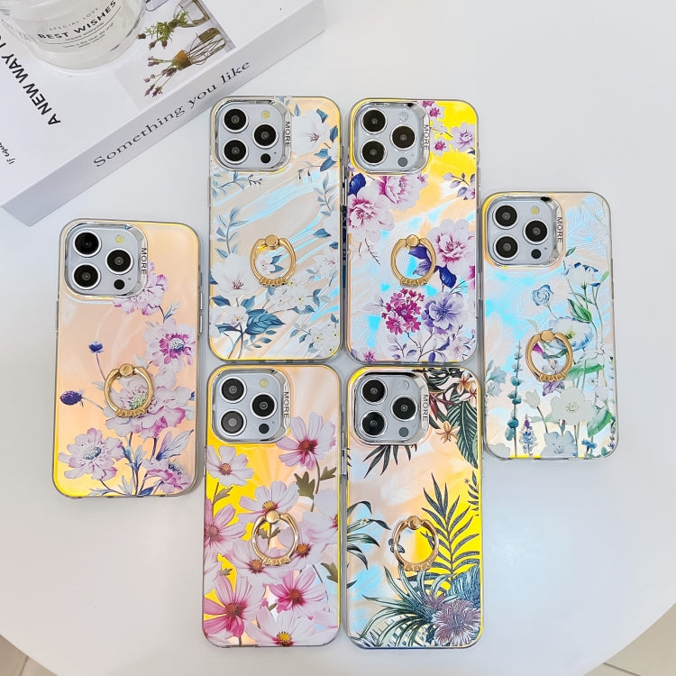 For iPhone 16 Pro Electroplating Laser Flower Ring Holder TPU Phone Case(Zinnia AH9) - iPhone 16 Pro Cases by buy2fix | Online Shopping UK | buy2fix