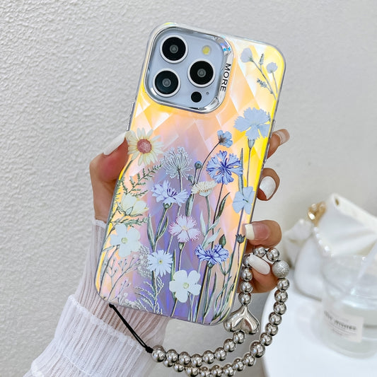 For iPhone 16 Pro Electroplating Laser Flower Phone Case with Wrist Strap(Chrysanthemum AH5) - iPhone 16 Pro Cases by buy2fix | Online Shopping UK | buy2fix