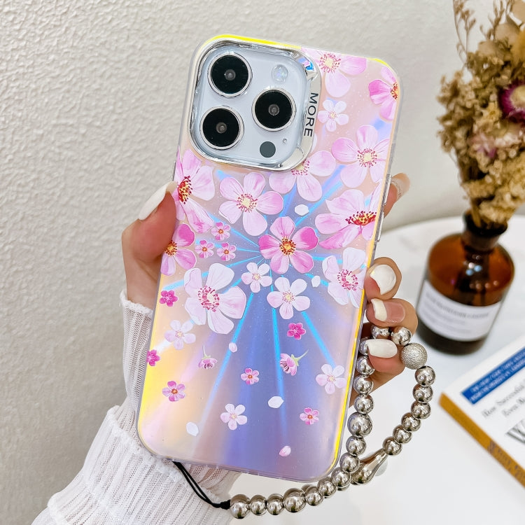 For iPhone 16 Pro Electroplating Laser Flower Phone Case with Wrist Strap(Pink Flower AH13) - iPhone 16 Pro Cases by buy2fix | Online Shopping UK | buy2fix