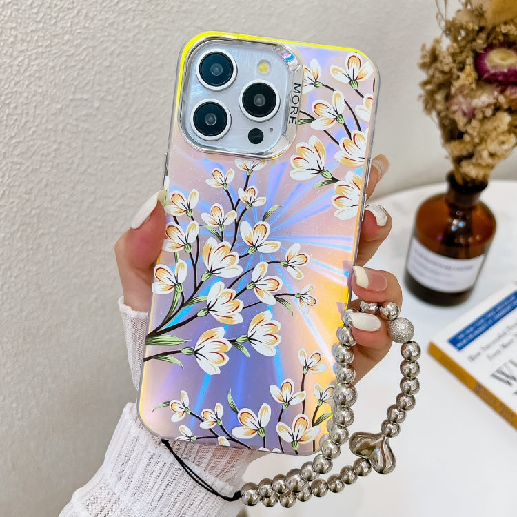 For iPhone 16 Pro Electroplating Laser Flower Phone Case with Wrist Strap(Pear Blossom AH17) - iPhone 16 Pro Cases by buy2fix | Online Shopping UK | buy2fix