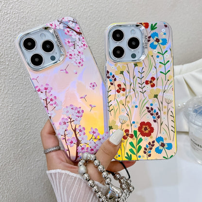 For iPhone 16 Pro Electroplating Laser Flower Phone Case with Wrist Strap(Pink Flower AH13) - iPhone 16 Pro Cases by buy2fix | Online Shopping UK | buy2fix