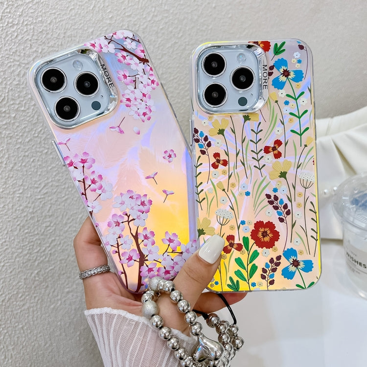 For iPhone 16 Electroplating Laser Flower Phone Case with Wrist Strap(Cosmos Flower AH7) - iPhone 16 Cases by buy2fix | Online Shopping UK | buy2fix