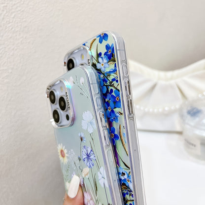 For iPhone 16 Electroplating Laser Flower Phone Case with Wrist Strap(White Flower AH10) - iPhone 16 Cases by buy2fix | Online Shopping UK | buy2fix