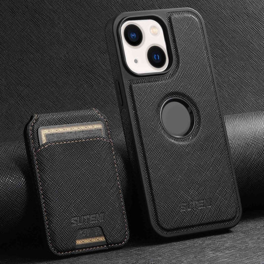 For iPhone 14 Plus Suteni M2 Cross-Grain MagSafe Vertical Card Back Phone Case(Black) - iPhone 14 Plus Cases by Suteni | Online Shopping UK | buy2fix