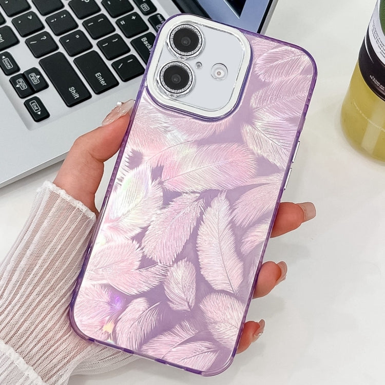 For iPhone 16 Plating Glitter Texture TPU Phone Case with Lens Film(Purple Feathers) - iPhone 16 Cases by buy2fix | Online Shopping UK | buy2fix