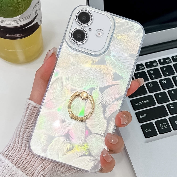 For iPhone 16 Plus Plating Glitter Texture Ring Holder TPU Phone Case with Lens Film(White Feathers) - iPhone 16 Plus Cases by buy2fix | Online Shopping UK | buy2fix