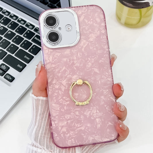 For iPhone 16 Plating Glitter Texture Ring Holder TPU Phone Case with Lens Film(Pink Shell Pattern) - iPhone 16 Cases by buy2fix | Online Shopping UK | buy2fix