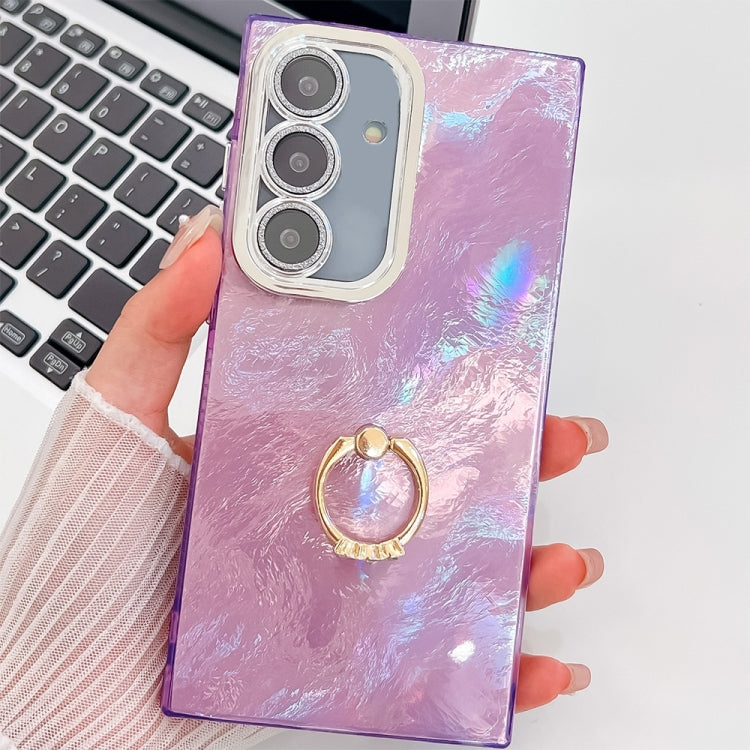 For Samsung Galaxy S25 5G Plating Glitter Texture Ring Holder TPU Phone Case with Lens Film(Purple Tinfoil Texture) - Galaxy S25 5G Cases by buy2fix | Online Shopping UK | buy2fix