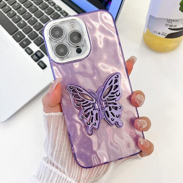 For iPhone 16 Pro Max Plating Glitter Texture Butterfly Holder TPU Phone Case with Lens Film(Purple Wrinkles) - iPhone 16 Pro Max Cases by buy2fix | Online Shopping UK | buy2fix