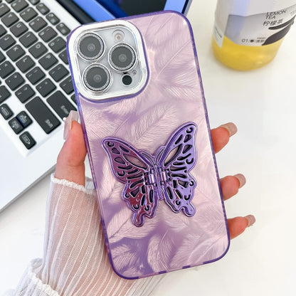 For iPhone 16 Pro Plating Glitter Texture Butterfly Holder TPU Phone Case with Lens Film(Purple Feathers) - iPhone 16 Pro Cases by buy2fix | Online Shopping UK | buy2fix