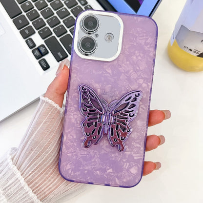 For iPhone 16 Plus Plating Glitter Texture Butterfly Holder TPU Phone Case with Lens Film(Purple Shell Pattern) - iPhone 16 Plus Cases by buy2fix | Online Shopping UK | buy2fix