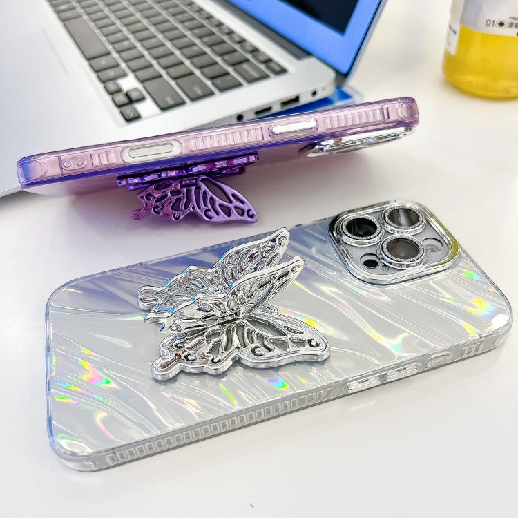 For iPhone 16 Plus Plating Glitter Texture Butterfly Holder TPU Phone Case with Lens Film(White Feather Yarn) - iPhone 16 Plus Cases by buy2fix | Online Shopping UK | buy2fix