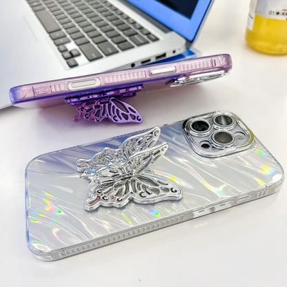 For iPhone 16 Plating Glitter Texture Butterfly Holder TPU Phone Case with Lens Film(Pink Shell Pattern) - iPhone 16 Cases by buy2fix | Online Shopping UK | buy2fix