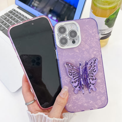 For iPhone 16 Pro Max Plating Glitter Texture Butterfly Holder TPU Phone Case with Lens Film(White Shell Grain) - iPhone 16 Pro Max Cases by buy2fix | Online Shopping UK | buy2fix