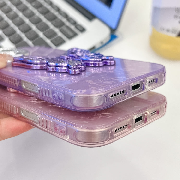 For iPhone 16 Plating Glitter Texture Butterfly Holder TPU Phone Case with Lens Film(Purple Feather Yarn) - iPhone 16 Cases by buy2fix | Online Shopping UK | buy2fix