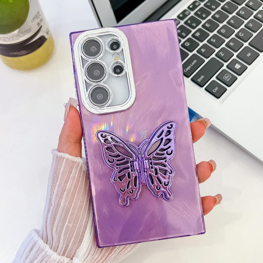 For Samsung Galaxy S25 Ultra 5G Plating Glitter Texture Butterfly Holder TPU Phone Case with Lens Film(Purple Feather Yarn) - Galaxy S25 Ultra 5G Cases by buy2fix | Online Shopping UK | buy2fix