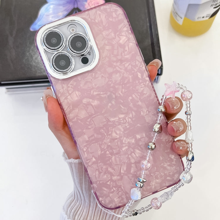 For iPhone 16 Pro Max Plating Glitter Texture Chain Wristband TPU Phone Case with Lens Film(Pink Shell Pattern) - iPhone 16 Pro Max Cases by buy2fix | Online Shopping UK | buy2fix