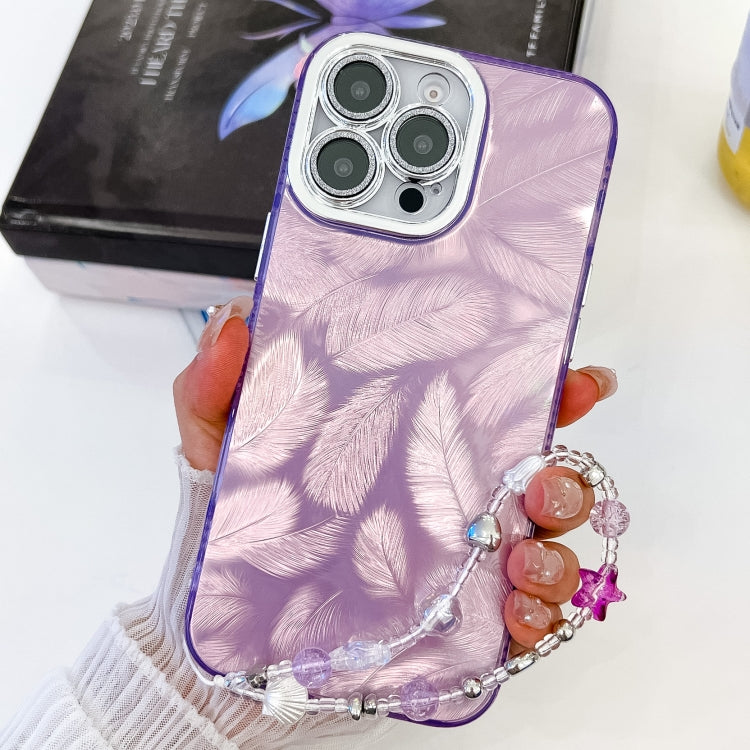 For iPhone 16 Plus Plating Glitter Texture Chain Wristband TPU Phone Case with Lens Film(Purple Feathers) - iPhone 16 Plus Cases by buy2fix | Online Shopping UK | buy2fix